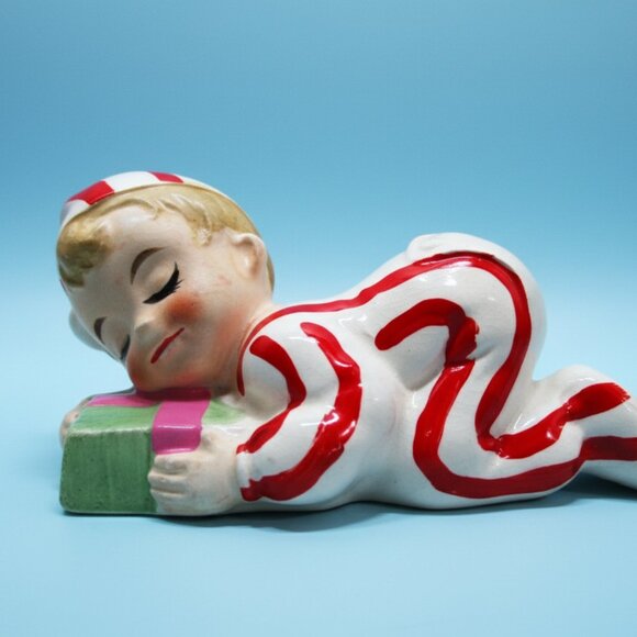 Rare Vintage INARCO Christmas Figurine E-4498 Sleeping Boy Candy Cane PJ Japan - Picture 7 of 11
